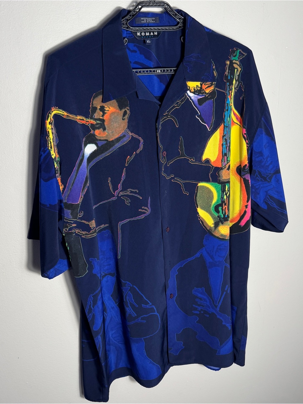 Koman Sport XL Men’s Jazz Saxophone Graphic Shirt Blue Retro Music Button Up